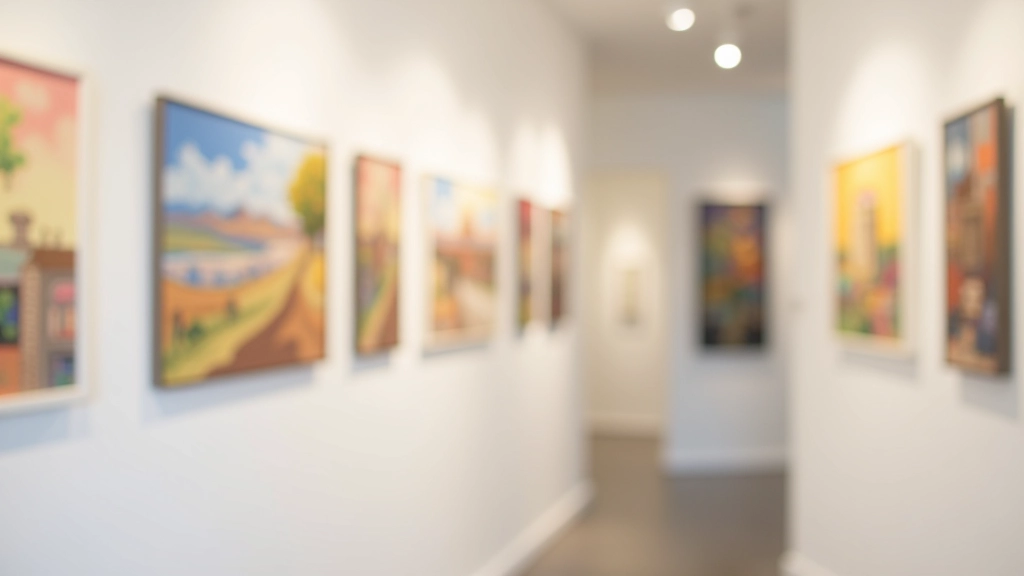 Galerie d'art avec plusieurs peintures abstraites aux couleurs variées exposées sur les murs blancs