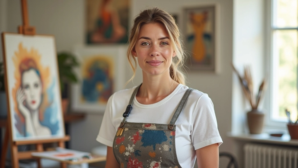 Artiste créant une peinture colorée dans un atelier lumineux avec des pinceaux et des tubes de couleur