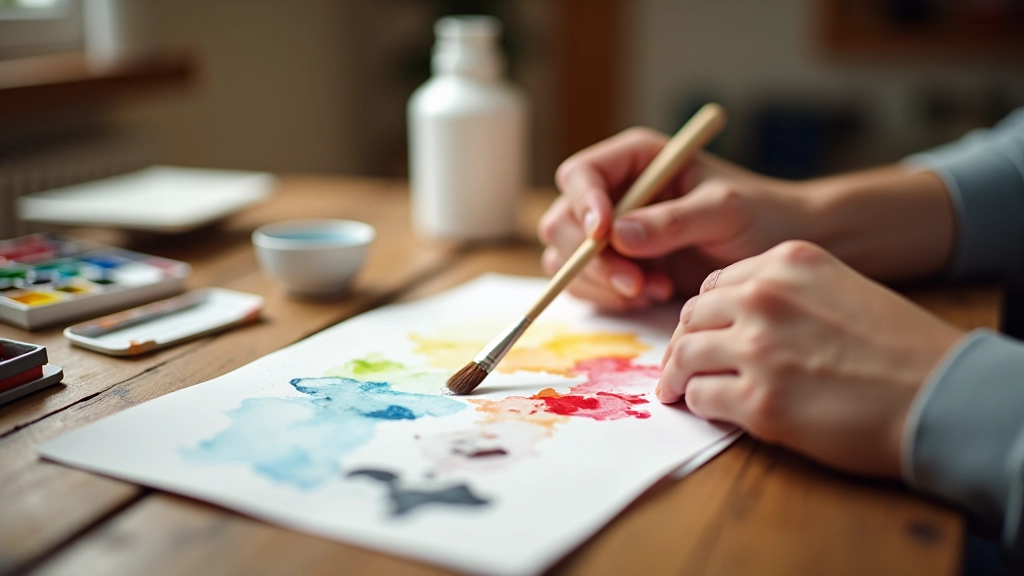Mains d'un artiste tenant un pinceau, palette de couleurs à côté, en train de peindre sur une toile blanche