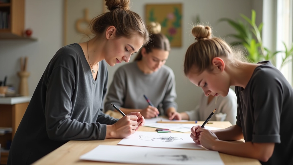 Espace créatif et lumineux avec des artistes en train de peindre et dessiner ensemble