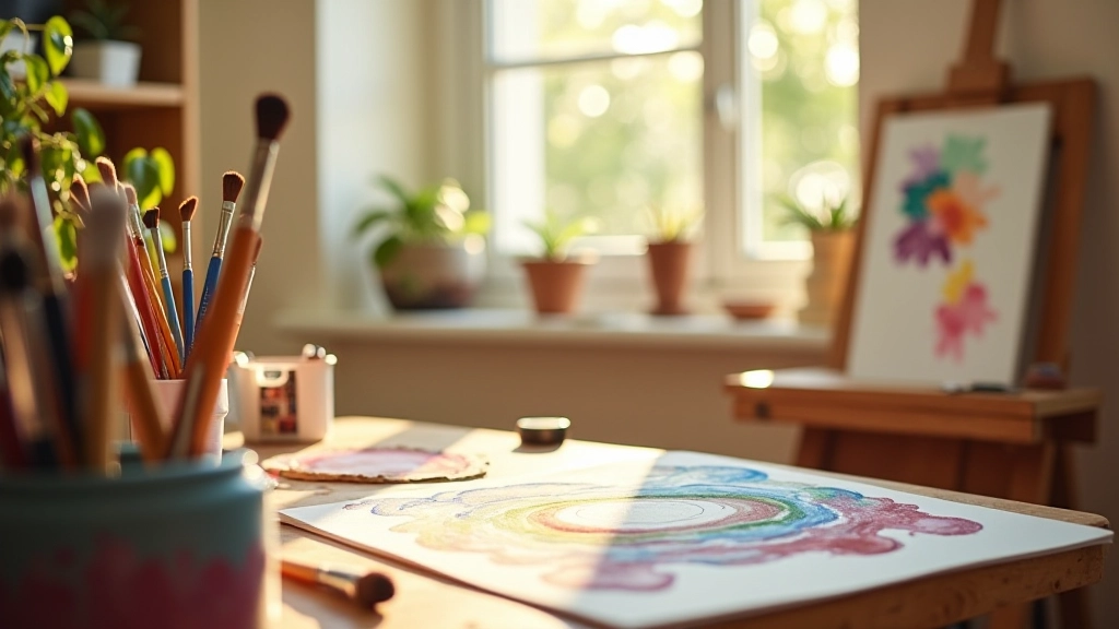 Atelier créatif avec plusieurs couleurs de peinture, pinceaux variés, toile en cours, environnement lumineux et accueillant