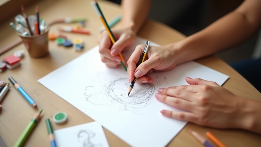 Mains tenant des crayons de couleur, sketch inachevé sur papier, textures brutes et authentiques