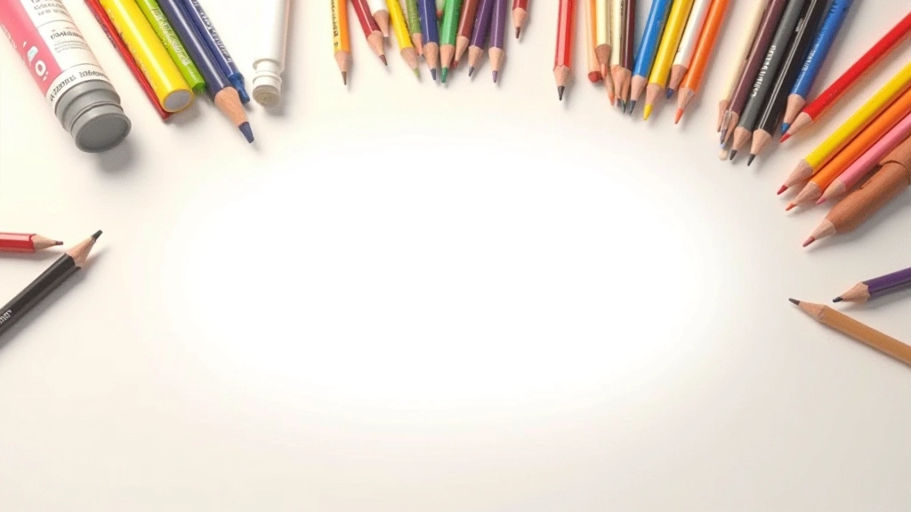 Matériel créatif coloré — crayons, marqueurs, papiers de couleur — organisé sur une table blanche, prêt pour une session créative