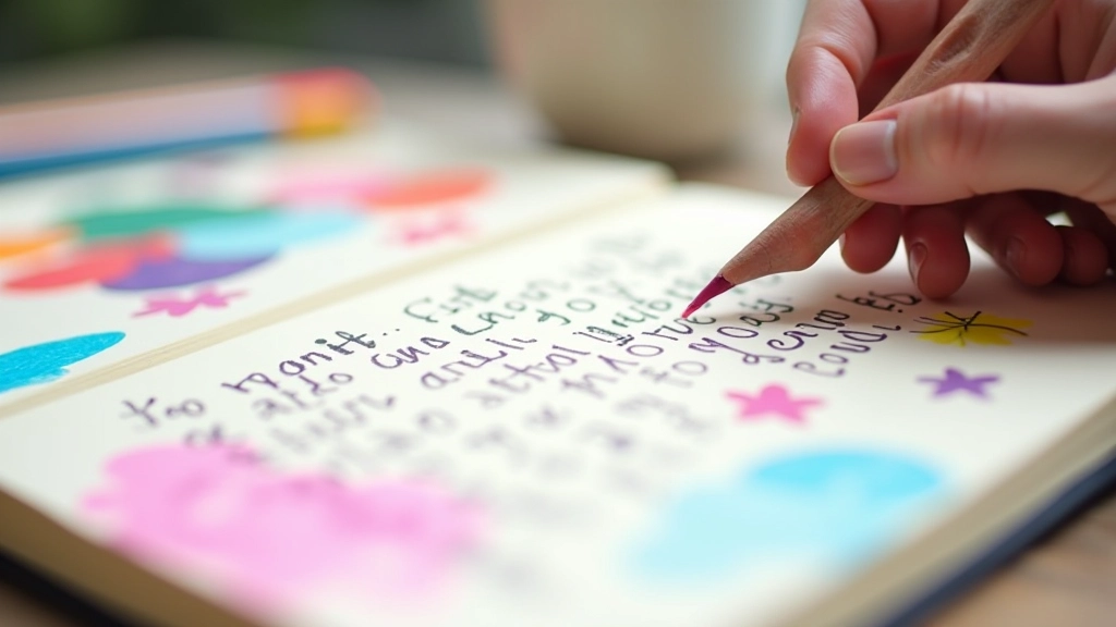 Pages d'un carnet remplies d'écriture manuscrite colorée avec des surligneurs, crayons de couleur éparpillés à côté