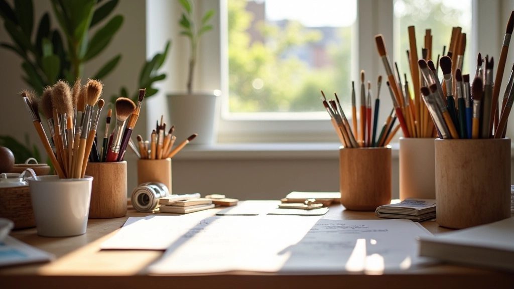 Atelier de création avec matériel artistique organisé et lumière naturelle