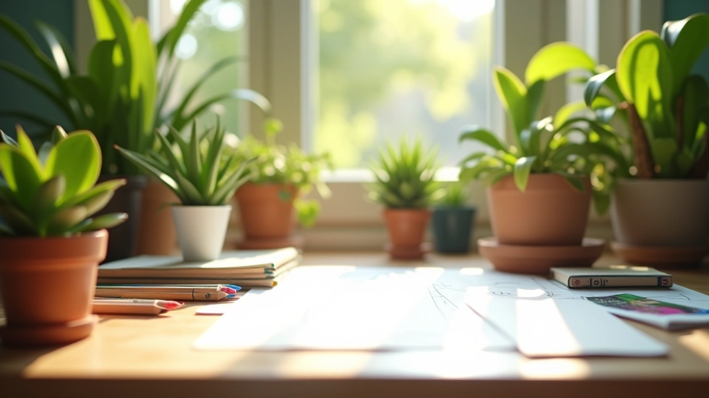 Espace de travail créatif avec des crayons colorés, carnets de dessin, et des plantes vertes sur un bureau lumineux