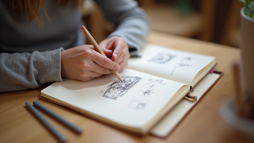 Mains tenant un petit carnet avec des croquis au crayon, gros plan montrant les détails des esquisses rapides