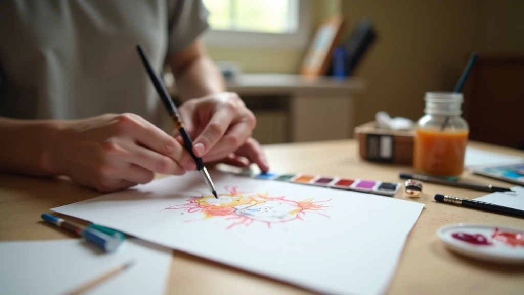 Mains tenant une palette de couleurs avec des pinceau, travaillant sur une petite aquarelle