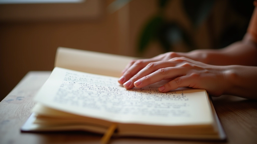 Mains posées sur un cahier ouvert avec écriture manuscrite, moment calme et introspectif, lumière chaude