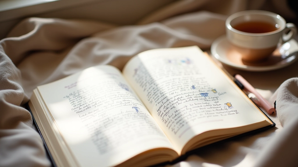 Journal ouvert avec des pages écrites à la main et des illustrations, stylo à côté sur un lit