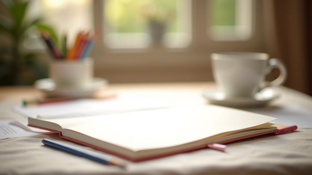 Carnet de croquis ouvert sur une table avec des crayons colorés et une tasse de café, lumière naturelle du matin