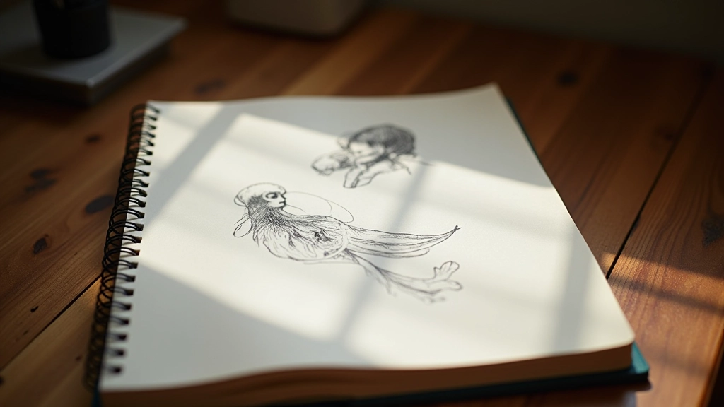 Carnet de croquis ouvert avec des esquisses au crayon et des notes écrites à la main, cahier d'artiste personnel