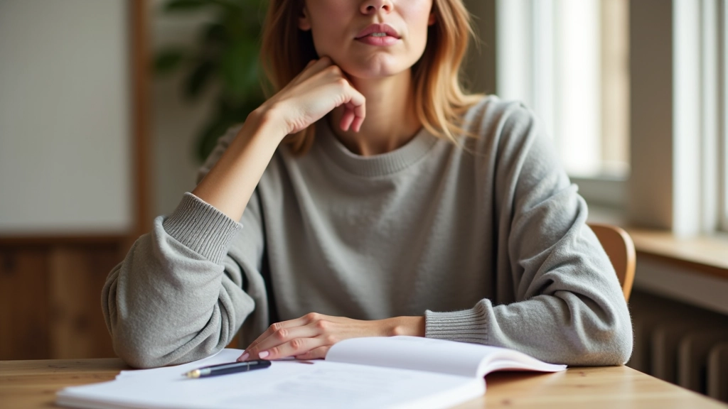 Personne assise à un bureau avec carnet vierge, stylo en main, expression concentrée et légèrement frustrée