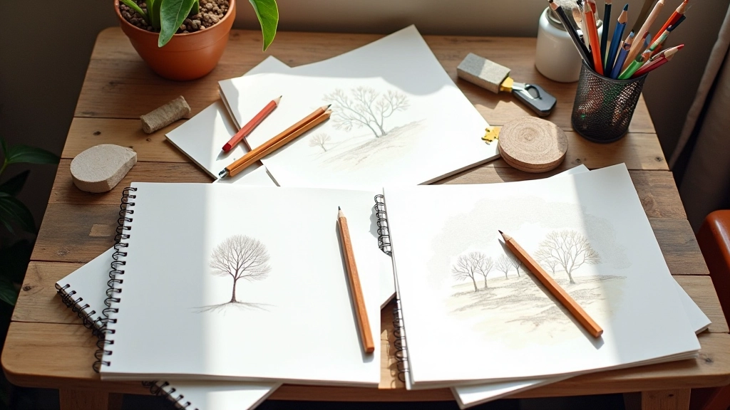 Carnets de croquis ouvert avec des dessins et des crayons colorés sur une table en bois