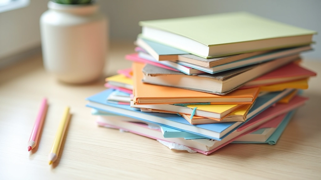 Plusieurs carnets de couleurs différentes empilés avec des stylos et des crayons de couleur, table de bois claire