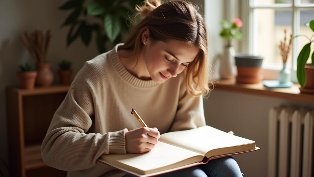 Personne écrivant dans un cahier blanc avec concentration, lumière naturelle douce, stylo noir à la main