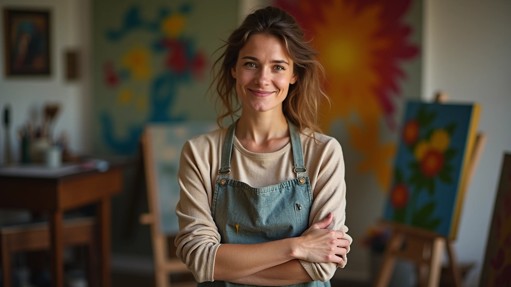 Femme peignant un tableau abstrait coloré dans un studio d'art lumineux