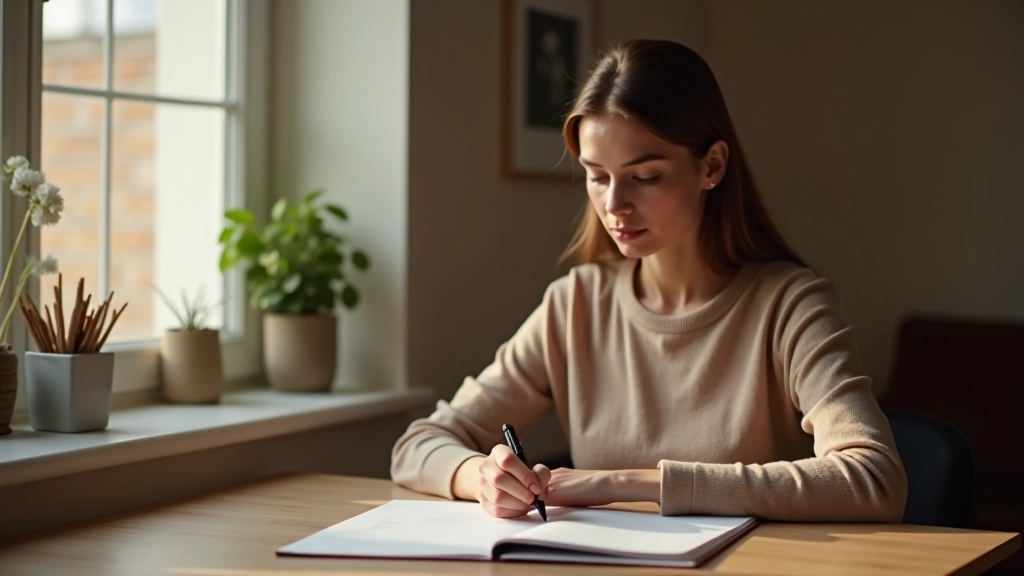 Femme assise à un bureau minimaliste, stylo à la main, journal ouvert devant elle, concentrée sur son écriture
